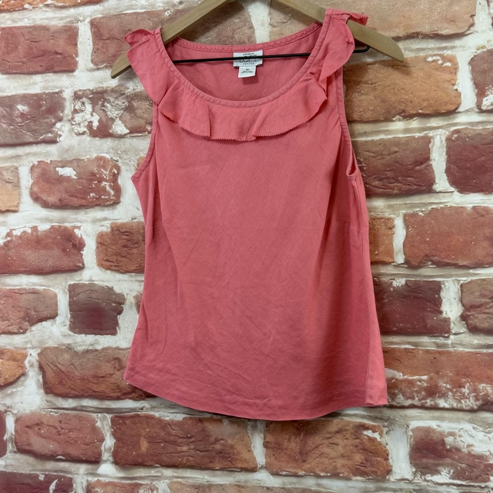 Ann Taylor Loft Top Women's 8 Petite Pink 100% Linen Ruffle Casual Tank Shirt - Picture 3 of 8